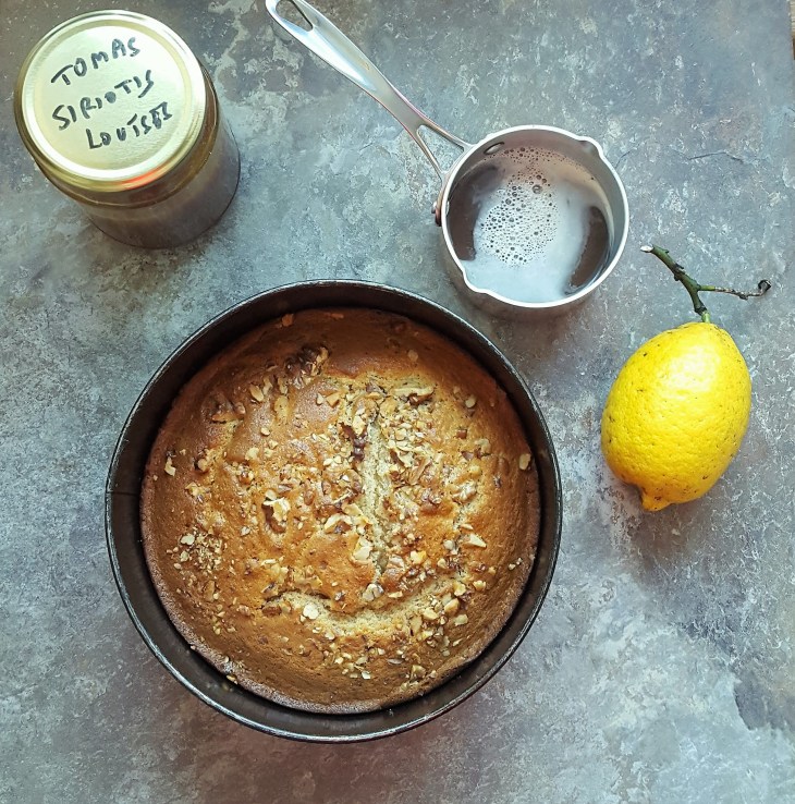 cake and syrup on the side